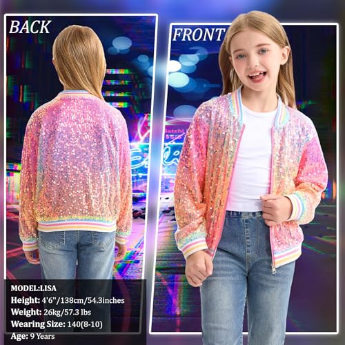 Image of LOLANTA Girls Sequin Jacket, Long Sleeve Kids Bomber Coats with Pockets, Spring Fall Outfits for 4-15 Years