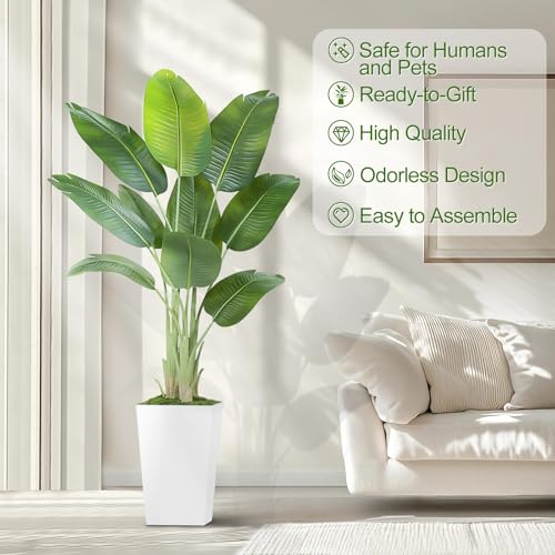 Image of Lifelike Bird of Paradise Artificial Plant 6ft Faux Banana Leaf Tree with White Tall Planter for Home Decor - Perfect Indoor Silk Floor Plant for Living Room, Office, and Bedroom Ambiance Enhancement