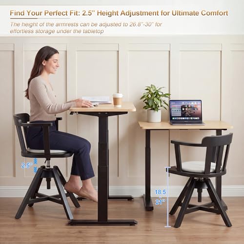 Image of Zesthouse Solid Wood Home Office Desk Chair with Arms, Vintage Office Chair with Adjustable Height, Heavy Duty Desk Chair with Cushion & Slatted Back, Swivel Wooden Computer Task Chair No Wheels Black
