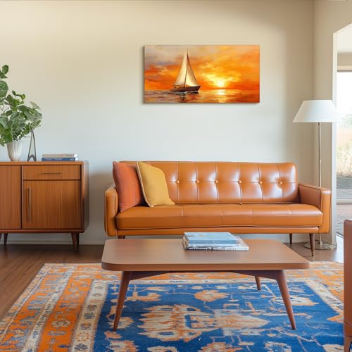 SERIMINO Sailboat Large Wall Art, Ocean Sunset Landscape Canvas Painting, Nature Nautical Scenery Art Prints, Orange Aesthetic Pictures Wall Decor Living Room Bedroom Bathroom Home Office 20"X40"