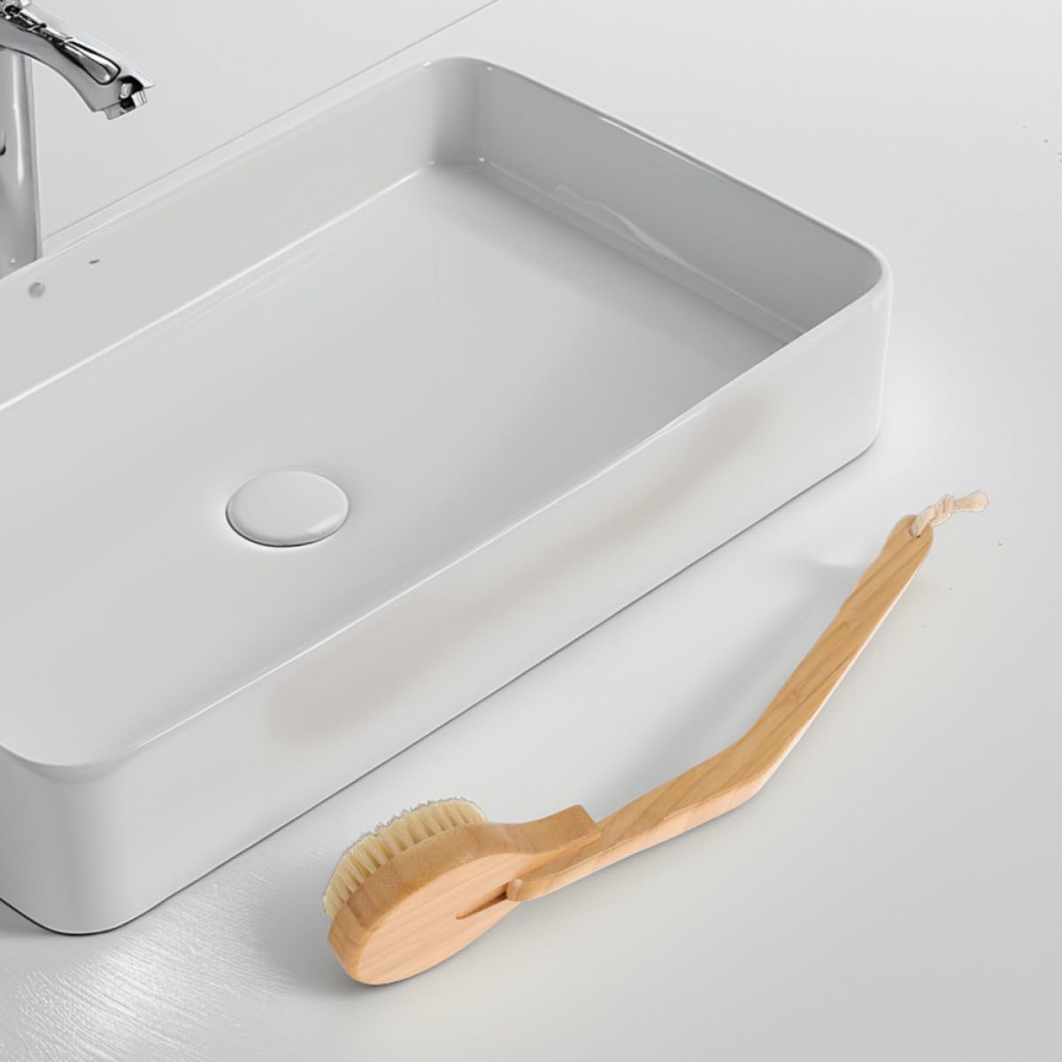 Spazzola per Doccia Manico in Bambù 2 Pezzi, per Anziani e Disabili, Setole Naturali per Massaggio Confortevole e Pulizia Durante Bagno