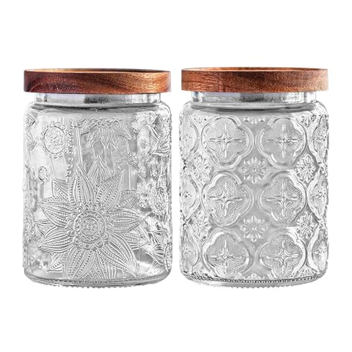 YOUSIS Tarros de almacenamiento de vidrio con tapa de madera, juego de 2 tarros herméticos para alimentos, azucareros para granos de café, té suelto, azúcar (girasol de begonia transparente, redondo,