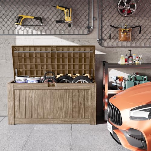 Image of Greesum Outdoor Storage Box 120 Gallon Storage Bin with Lid for Patio Furniture, Garden Tools, Pool Supplies, Lockable, Waterproof and UV Resistant, Coffee