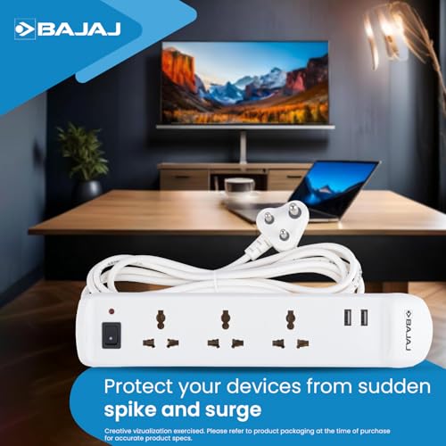 Image of Bajaj 3 Way Spike and Surge Guard with 2 USB | 3 Meter Long Cable | 3-Pin Universal Sockets | Fire Retardant Cable | 6 Months - Warranty (Pack of 1, White)