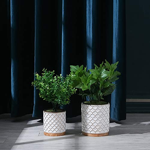 YISHANG Cement Planter Flower Pot - 4.7 Inch and 6 Inch Indoor Plants Containers Without Drain Hole,Round Flower Planter Pots for Plants with Bamboo Saucer/Tray,Set of 2 (White)