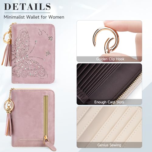 Women RFID Blocking Small Bifold Wallet, Compact Cash Clutch with Zipper Coin Pocket, Glittery Butterfly Design, Credit Card Holder, Travel Purse with Tassel PURPLE3