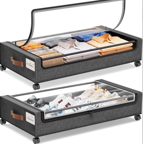 2 Pcs Under Bed Storage with Wheels, Blanket Storage with Clear Lid and Rotating Wheels, for Bedroom, Clothes, Blankets, Shoes (Grey)