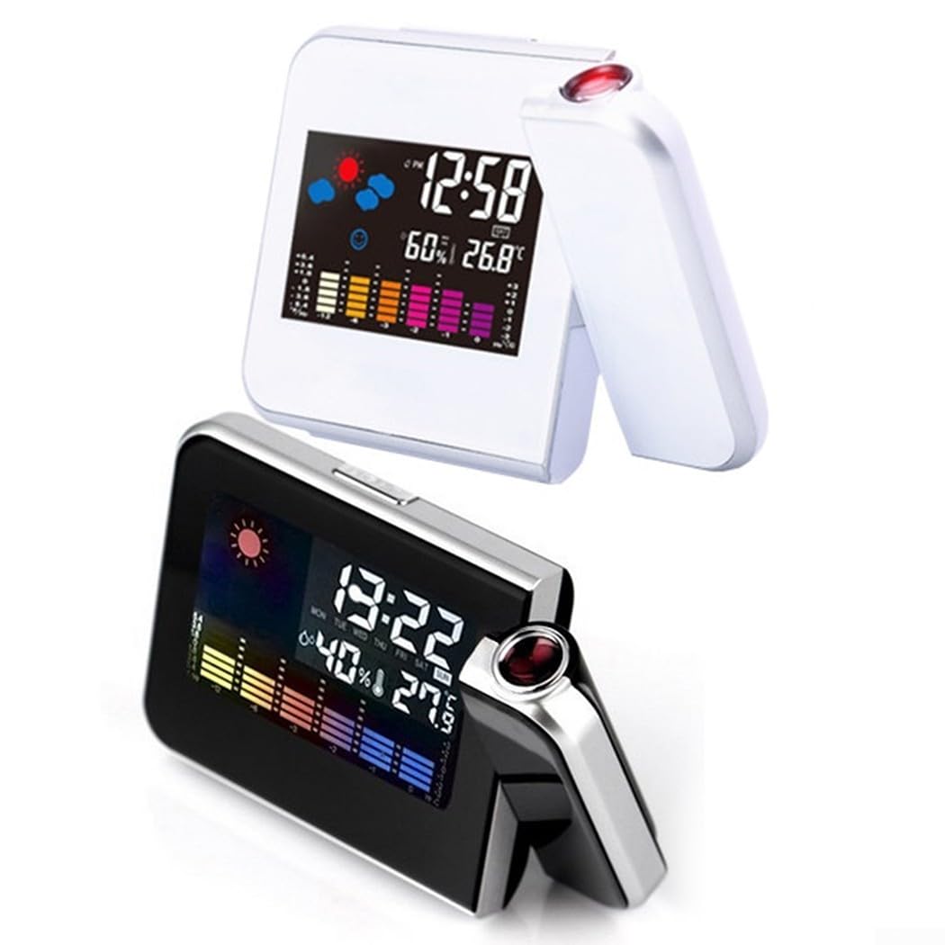 Sveglia a Proiezione con Display LED, Termometro Meteo, Schermo LCD, Funzione Snooze, Porta USB (Nero)