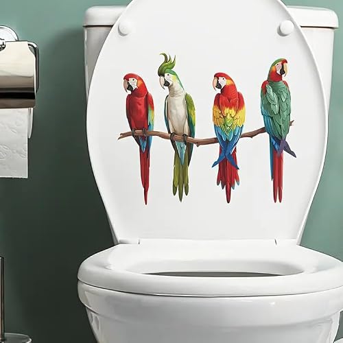 Kbatuo Transparent Parrot Branches Toilet Cover Sticker Decals,Flower Leaf Bird Waterproof Toilet Lid Tank Seat Decals Cistern Self-Adhesive Bathroom Wall Sticker, -001