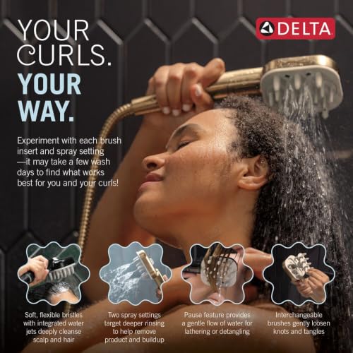 Image of Delta VersaCurl Detangling Handheld Shower Head Tool for Curly Hair with 3 Curl Defining Brush Inserts Included, Detangler Brush Hand Shower with Hose, Chrome 74B430