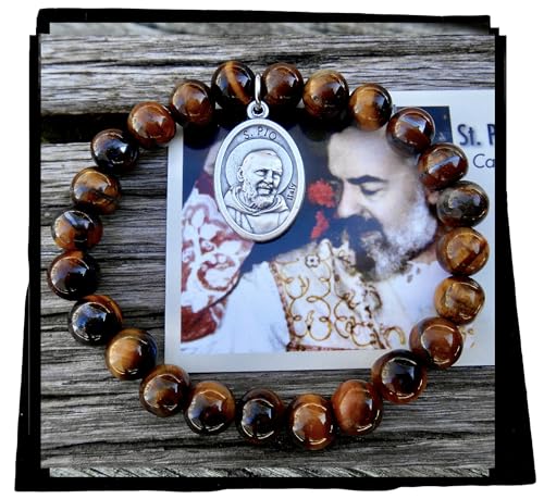 Saint Padre Pio Stretch Bracelet, 8mm Tiger Eye, Confirmation Bracelet, Cancer Support, Illness Recovery, Patron Saint, St Pio Bracelet, Size (Medium ~ 7.0 Inch Wrists)