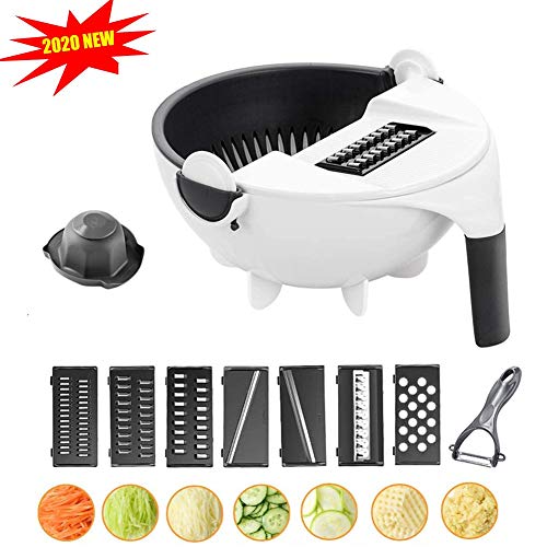 YLM Nouveau Coupe-légumes Rotatif Multifonctionnel 9-en-1 Amélioré avec Panier de Vidange Broyeur de Légumes Hachoir à Légumes de Grande Capacité Blanc