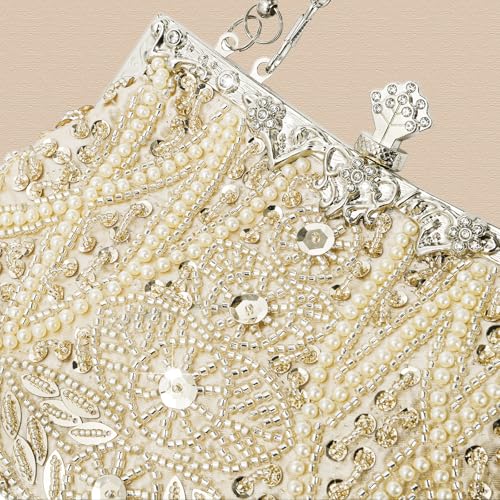 Image of WRINGKIT 1920s Vintage Evening Bag, Champagne Beaded Clutch Purse for Woman, Elegant Rhinestone Clutch Crossbody Bag with Sequin Pearl, Evening Handbag Shoulder for Formal Bridal Wedding Party Prom