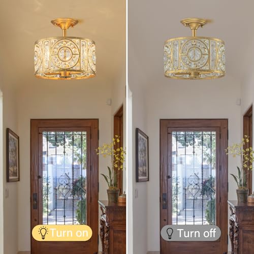 Image of Semi Flush Mount Chandelier for Dining Room, 3-Lights Vintage Crystal Round Chandelier, Gold Retro Semi-Flush Mount Ceiling Lights Fixture for Living Room Bedroom Kitchen Hallway Foyer