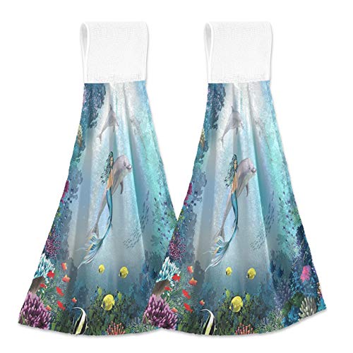 Kcldeci Hanging Kitchen Hand Towels Kitchen Wears Dolphins And Mermaid Dishcloths Sets With Loop Fish Sealife In Ocean Hand Towels Kitchen Tie Towel 2 Pieces #TOP6