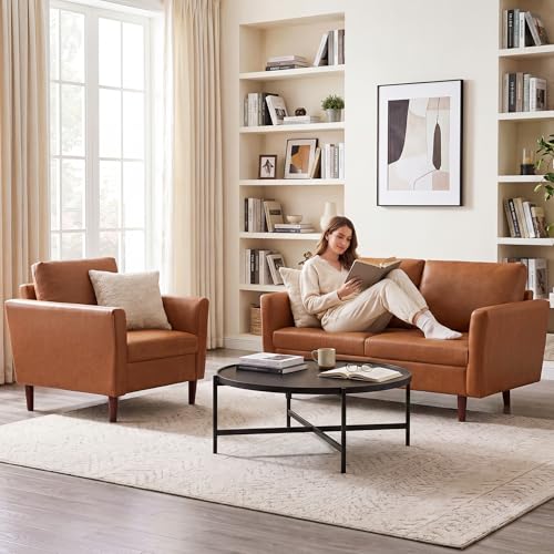Image of Kingfun 2 Piece Faux Leather Sofa Set, Mid Century Modern Living Room Furniture Set with 3-Seater Sofa and Loveseat, Small Leather Couch with Solid Wood Frame for Bedroom and Office, Dark Brown