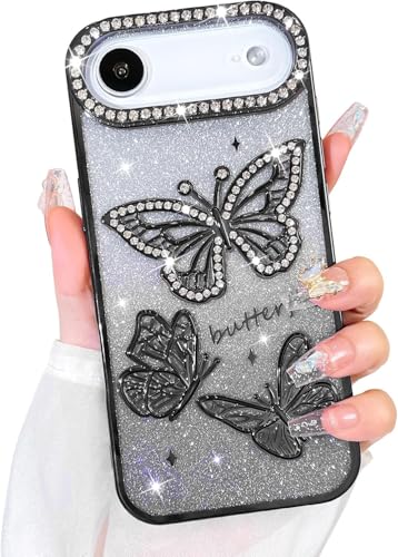 Image of Elzzi Compatible with iPhone 17 Air Case, Luxury Electroplated Butterfly Glitter Back Cover, Pearlescent Diamond Soft TPU Shockproof Protective Case, Stylish Phone Cover for Girls & Women, Black