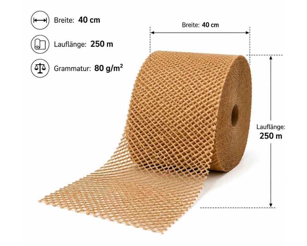 Wabenpapier Rolle 40cm x 250m Packpapier | 80g/m² Kraftpapier | Stoßdämpfendes Polsterpapier | 100% plastikfrei & recyclebar | Verpackungsmaterial für Gewerbe & Versand (1)