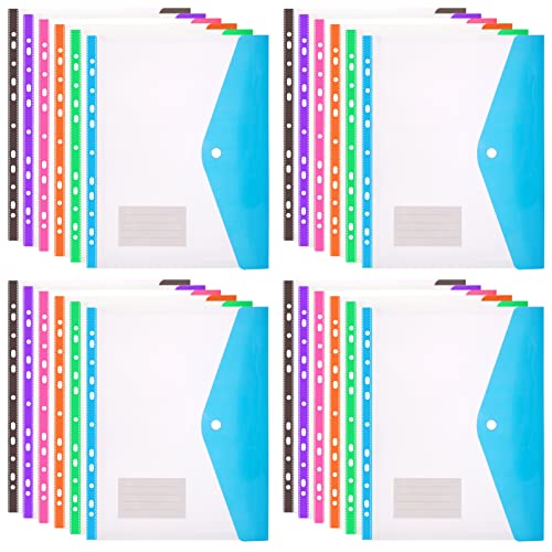 Plastic Wallets A4 Punched Pockets – 24PCS Expandable File Folders Assorted Colors, Heavy Duty Transparent a4 Documents Wallets with Label Pocket for Ring Binder, Home, Office and School Files