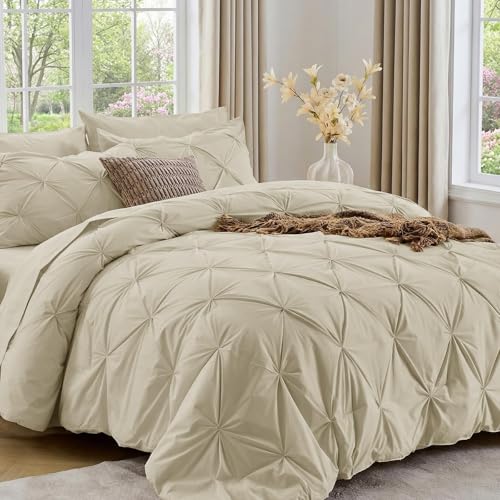 Image of Sasttie King Size Comforter Set, 7-Piece Bed in a Bag, Pintuck Bedding Set for All Season, Includes Comforter, Flat Sheet, Fitted Sheet, Pillowcases and Pillowshams, Linen