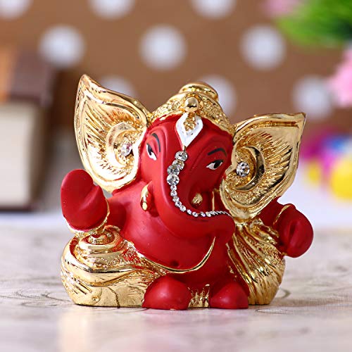 Image of eCraftIndia Golden and Red Polyresin Lord Ganesha Statue for Home, Temple, Office, Car Dashboard Decor - God Idol Gift for Lord Ganesha Devotees - Ideal for Diwali, Ganesh Chaturthi, Birthday