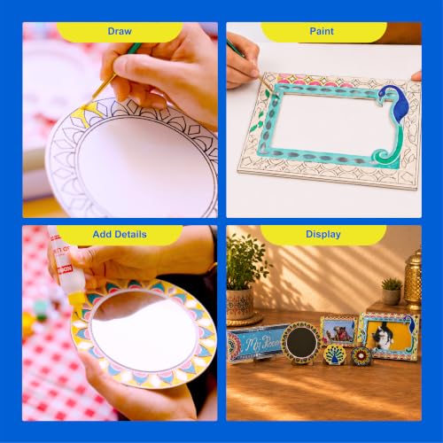 Image of Kores Lippan Art Kit for Kids | DIY Indian Art & Craft Kit | 5-in-1 Creative Kit with Photo Frame, Mirror, Name Plate & Fridge Magnets | Acrylic Colours, 3D Liner, Sequins, Brushes & Manual | Age 8-99