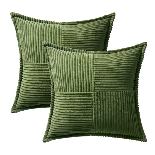 Image of MIULEE Spring Decorative Throw Pillow Covers for Couch Bed Livingroom 18x18 Inch Set of 2 Moss Green Boho Accent Throw Pllows Broadside Striped Patchwork Soft Corduroy Summer Pillowcases