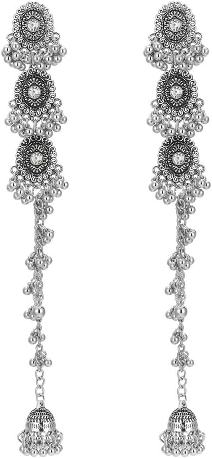Indain Jhumki Bell Long Chain Tassel Dangle Drop Statement Earrings for Women - Boho Exaggerated Oxidized Ethnic Bollywood Beaded Jhumka Threader Dangling Stud Earring Dainty Crystal Chandelier Traditional Jewelry