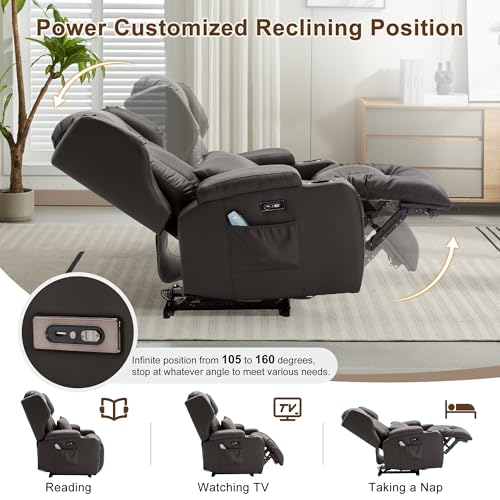 DRMBOOK Power Recliner Chair, Electric Wall Hugger Reclining Sofa with Massage & Heat, Overstuffed Modern Theater Seating with LED/USB Port/Cup Holders for Living Room (Leather Brown, 1 Chair)