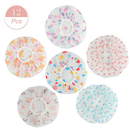 Dragang Shower Caps Elastic Waterproof Women Bath Cap Plastic Bathing Hair Cap Lady Salon Hat (Pack of 12)