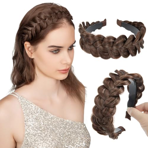 CJL HAIR Wide Braided Headbands Hair Piece for Women Synthetic Hair Hoops Head Bands with Teeth Handmade Braid Hairband Accessories Chocolate Multi 1PC