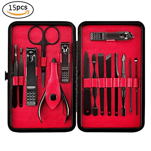 Manicure Set 15 Pcs Nail Care Cutter Cuticle Remover Nail Clippers Pedicure Travel Manicure Grooming Tool Kit Set (Red)