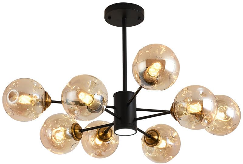 Lustre de table à manger en verre noir moderne et bulles ambrées avec LED