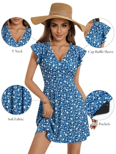 Image of HUHOT Women's Summer Casual Sundresses with Pocket V Neck Spring Floral Mini Beach Vacation Dress 2025