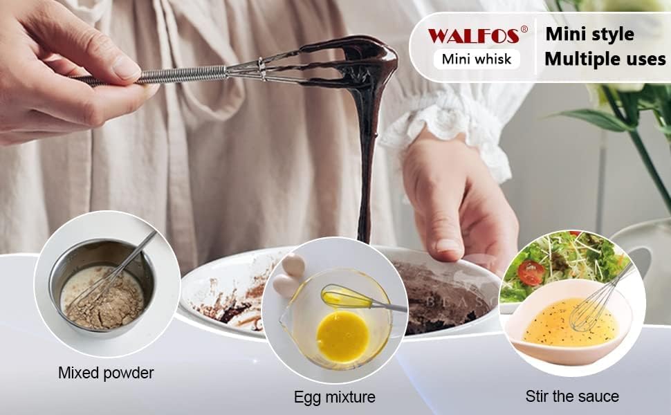 Walfos Stainless Steel Whisk - Small Whisk - Kitchen Balloon Whisk, 13cm+18cmThick Stainless Steel Wire Strong Handles, Egg Frother for Cooking, Blending, Whisking, Stirring, Beating