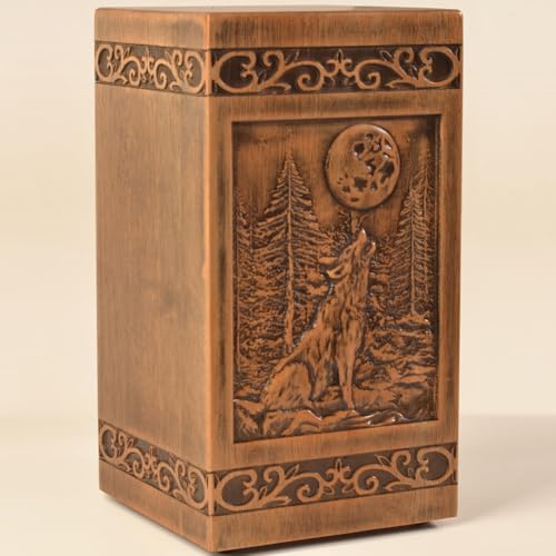 KIMNAG Wooden Cremation Urn for Human Wood Ashes Decorative Box Funeral Urns for Adult Male Female with Satin Bag Burial or Memorial Keepsake (Wolf (XL) 250lbs)