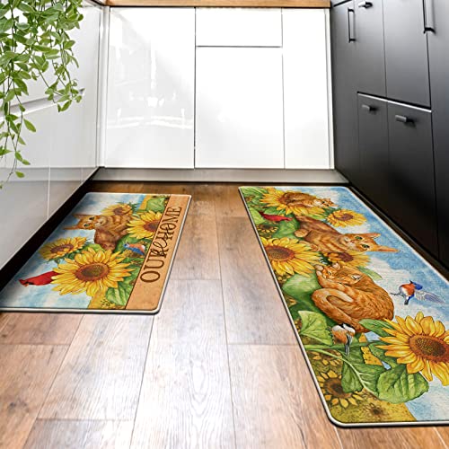 Tailus Fall Orange Cats Sunflower Cardinal Decorative Kitchen Rugs Set Of 2, Autumn Red Bird Kitchen Mat Non-Slip Floor Mat, Spirng Summer Home Kitchen Decorations - 17X29 And 17X47 Inch #TOP6