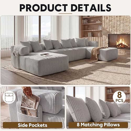 Image of Oversized Cloud Boneless Couch with Chaise, 146 inch Modern U Shape Modular Deep Seat Sectional Sofa, Comfy Corduroy Upholstered Couches for Living Room, No Assembly Required-Light Grey