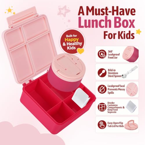Image of MAXSO Bento Lunch Box Set for Kids with 8 oz Soup Thermo, Leakproof Hot Food Container with 4 Compartments, Insulated Food Jar for Toddler Daycare Boys Girls School - Pink