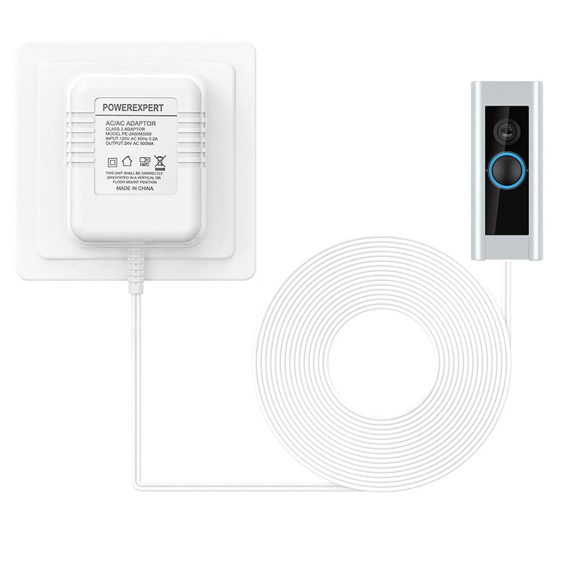 Transformateur de sonnette, 24V 500MA Adaptateur secteur câble transformateur Smart Home accessoires compatibles ring Door Bell Video doorbell 2 Pro (3m white)