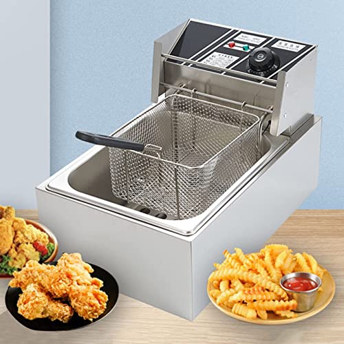 Aioneer Freidora Eléctrica Comercial De Acero Inoxidable De 6 L con Cestas Y Tapa. Ideal para Freír Papas Fritas Y Donas, con Temperatura Ajustable Y 2500 W.