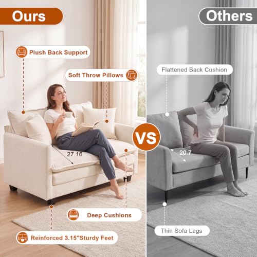 Image of 50'' Loveseat Sofa Set, Small Couch Set 2 Piece Cloud Love Seat with 27 inch Deep Seat Washable Chenille Pillows Couches for Small Spaces Apartment Living Room, Beige