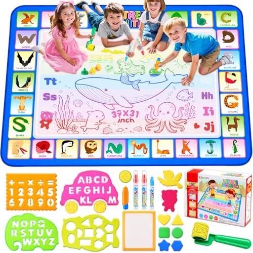 CGBOOM Doodle Tappeto Magico, Acqua Grandi Disegno Mat 100x 80 cm con 4 Penne e Colorato Libretto, Regalo Giocattolo Educativo per Bambini
