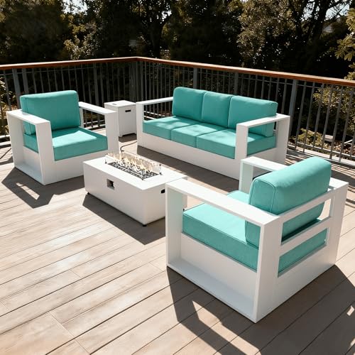 Image of LayinSun Oversized Aluminum Outdoor Furniture Set, 4 Piece Patio Sofa Sets with Fire Pit Table, Deep Seating and Upgraded 6-inch Cushions for Porch, Balcony, Deck