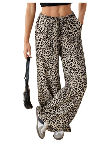 Women's Y2K Leopard Baggy Pants Cheetah Wide Leg Track Pants Drawstring Waist Long Trousers with Pocket Streetwear