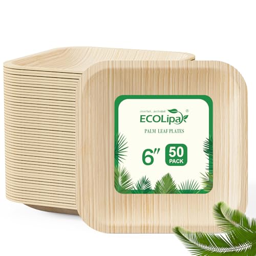ECOLipak 6 Inch Compostable Palm Leaf Plate Like Bamboo Plate 50 Pack Disposable Biodegradable Plates Suitable for Party Dinner