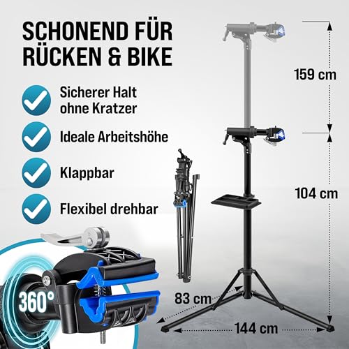 Monzana® Fahrradmontageständer Profi 50 kg für E-Bike Tragetasche Reifenheber Werkzeugablage Stahl klappbar höhenverstellbar Reparaturständer Fahrrad