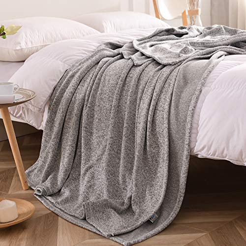 KAWAHOME Knit Blanket Lightweight Breathable Fuzzy Heather Jersey Thin Blanket for Couch Sofa Bed Twin Size 66 X 90 Inches Grey and White
