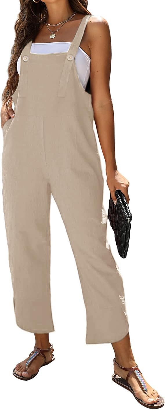 Women's Sleeveless Cotton Linen Overalls Rompers Baggy Wide Leg Jumpsuits