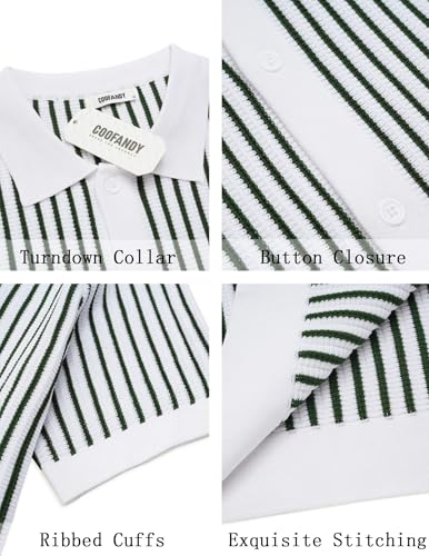 Image of COOFANDY Mens Knit Button Down Shirts Short Sleeve Polo Shirt Vintage Striped Casual Shirts